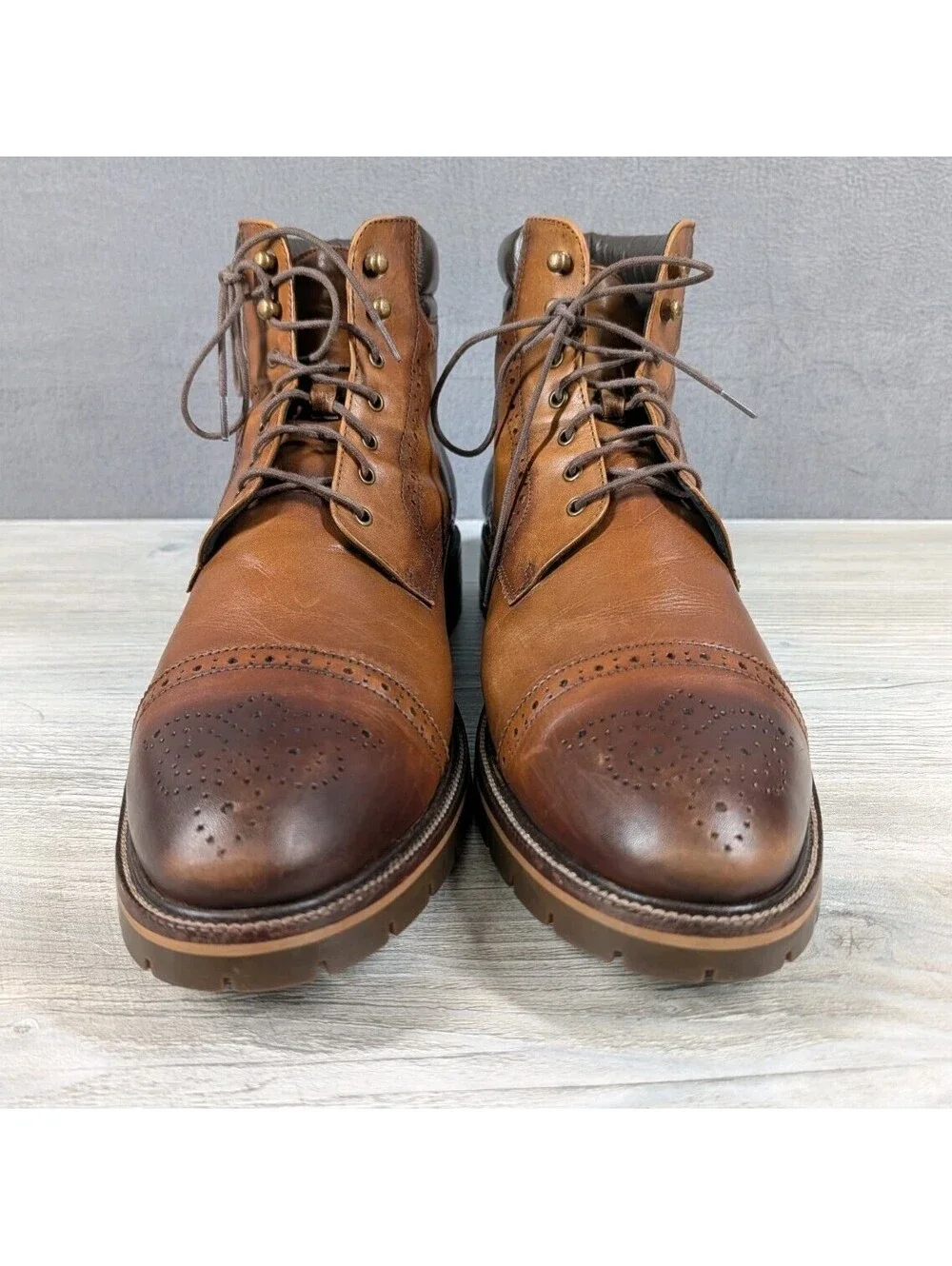 Johnston Murphy Mens 13M Brown Leather Cap Toe Brogue XC Flex Ankle Boots Lug